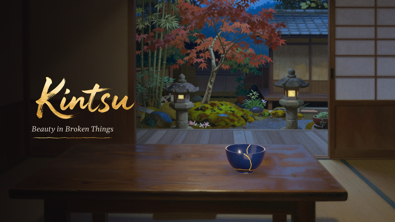 Kintsu’s workshop, with a mended bowl and its gold seams catching the light