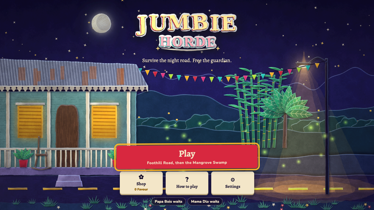 JUMBIE Horde’s paper-cut night-road title screen